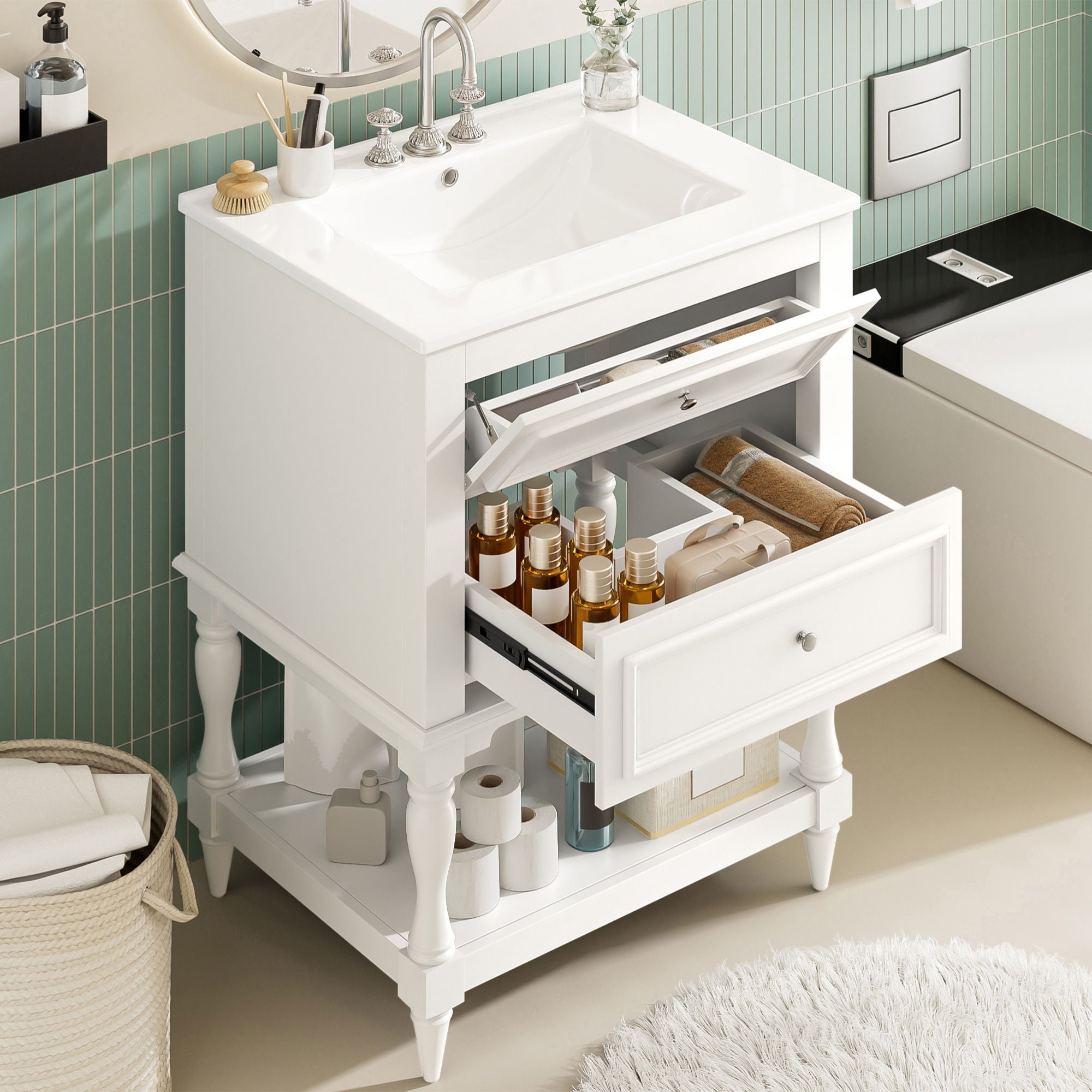 Bathroom Vanity With Sink, 2 Drawers Storage Cabinet, Open Shelf