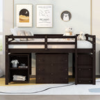 Loft Low Study Bed With Cabinet, Shelves And Rolling Portable Desk, Multiple Functions