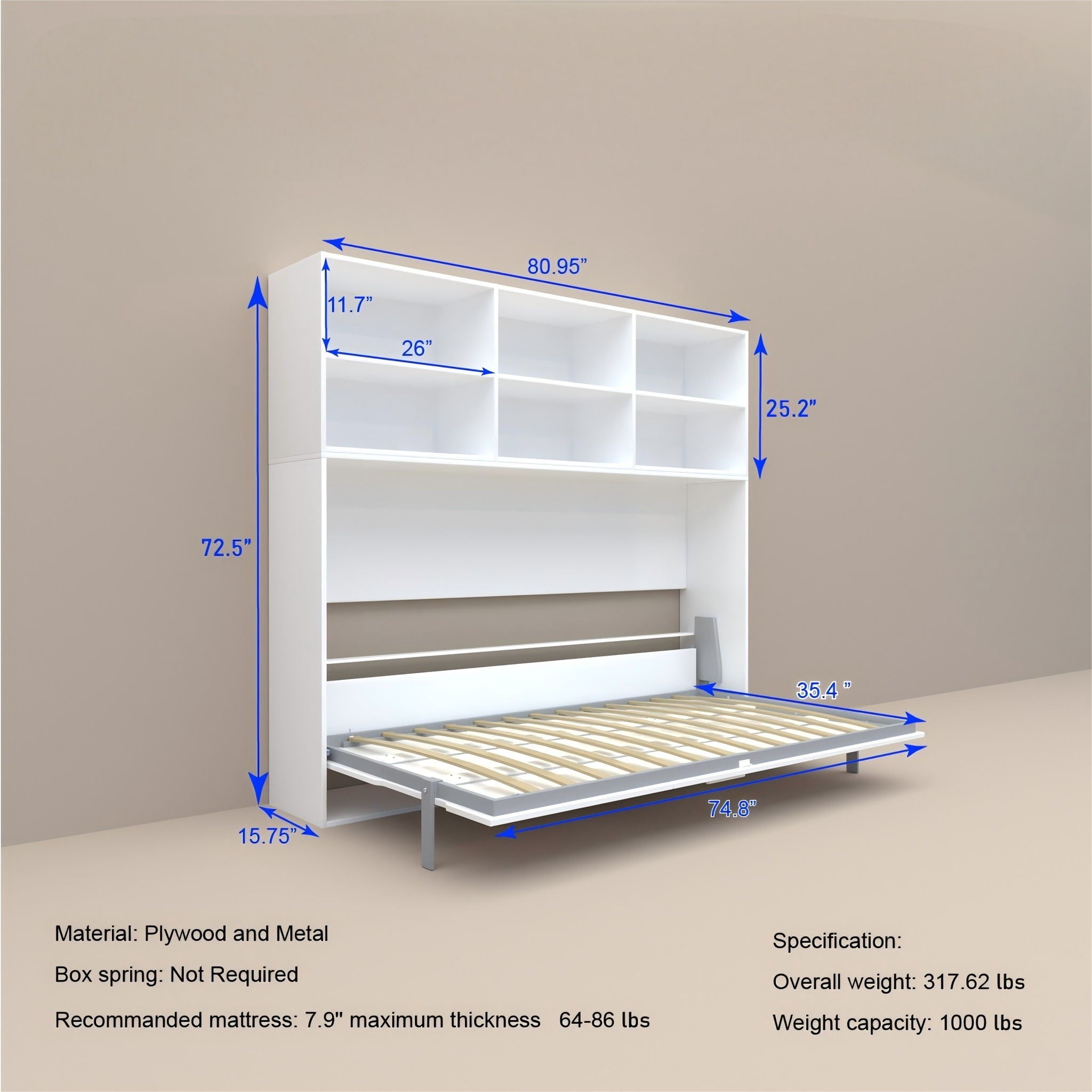 Mordern Design Twin Size Horizontal Murphy Bed With Shelf Storage For Bedroom Or Guestroom Wall Bed Space Saving Hidden Bed With New Style Gas Struts - White