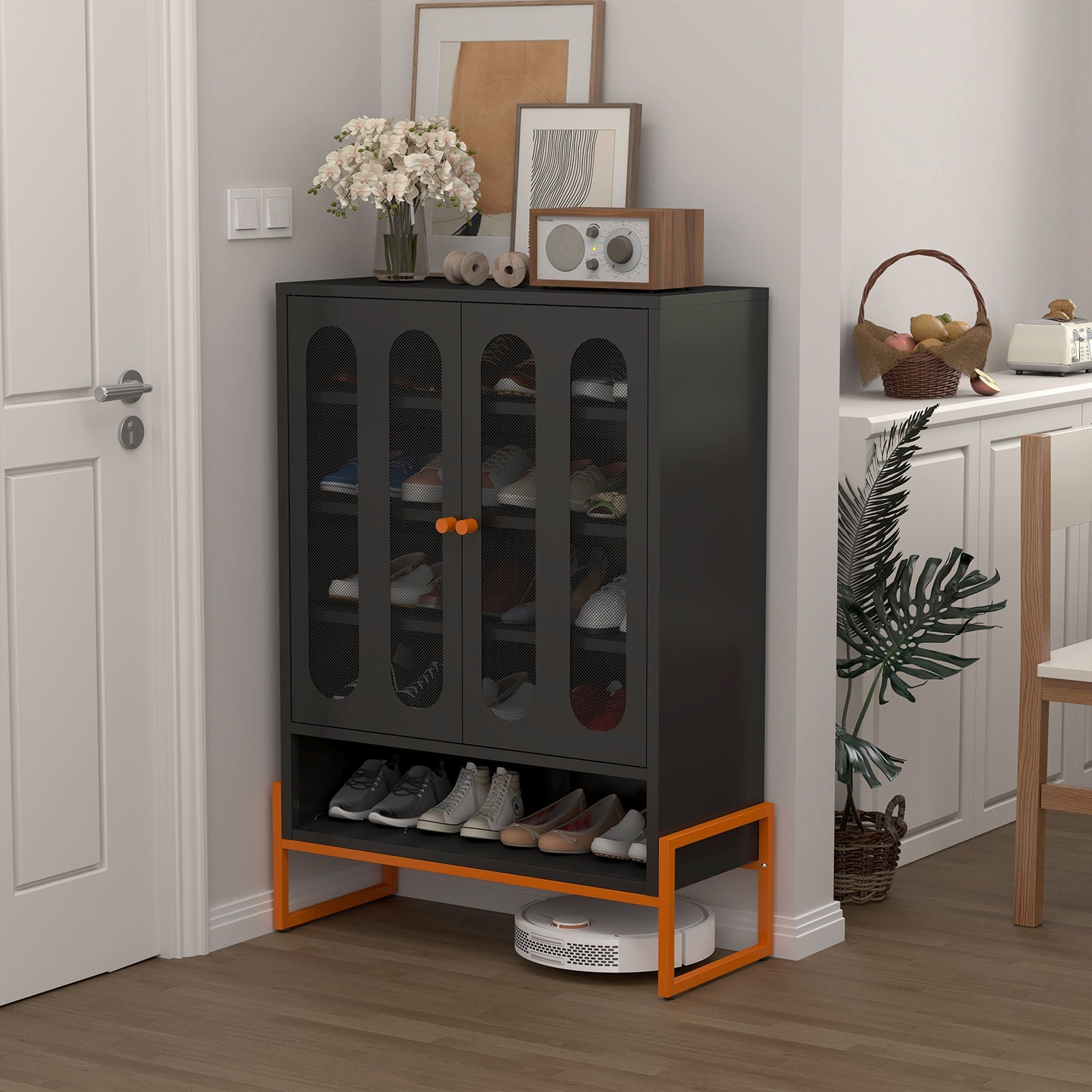 Modern Metal Shoe Cabinet With DoublebSided Doors And Adjustable Partitions