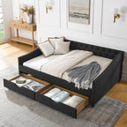 Upholstered Tufted Daybed With 2 Drawers, Waved Arms