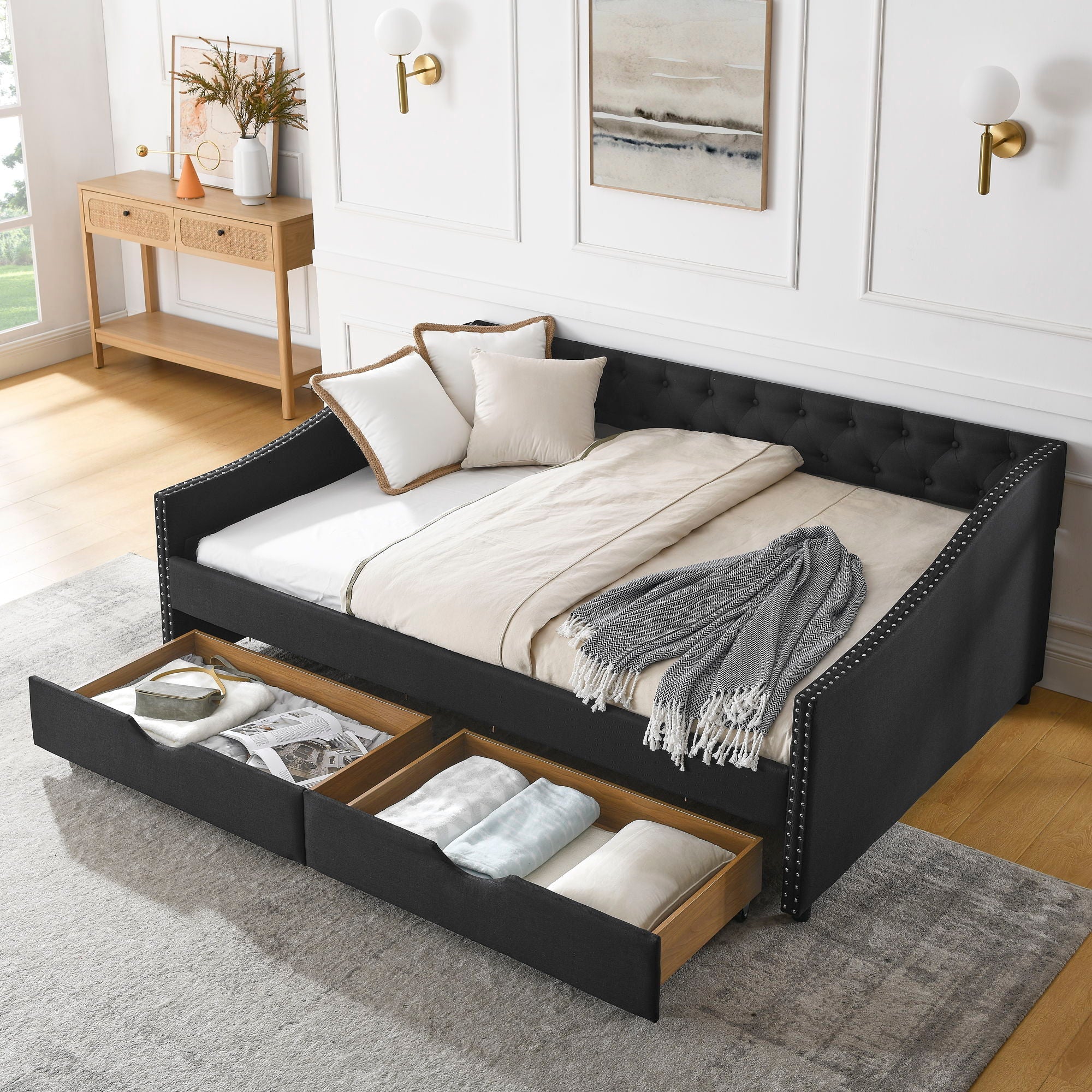 Upholstered Tufted Daybed With 2 Drawers, Waved Arms