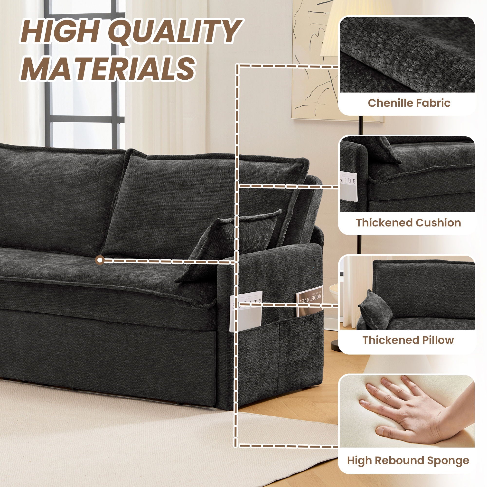 Pull Out Sofa Bed, Convertible Sleeper Sofa Couch, Side Storage, And USB / C - Type Charging Ports Chair