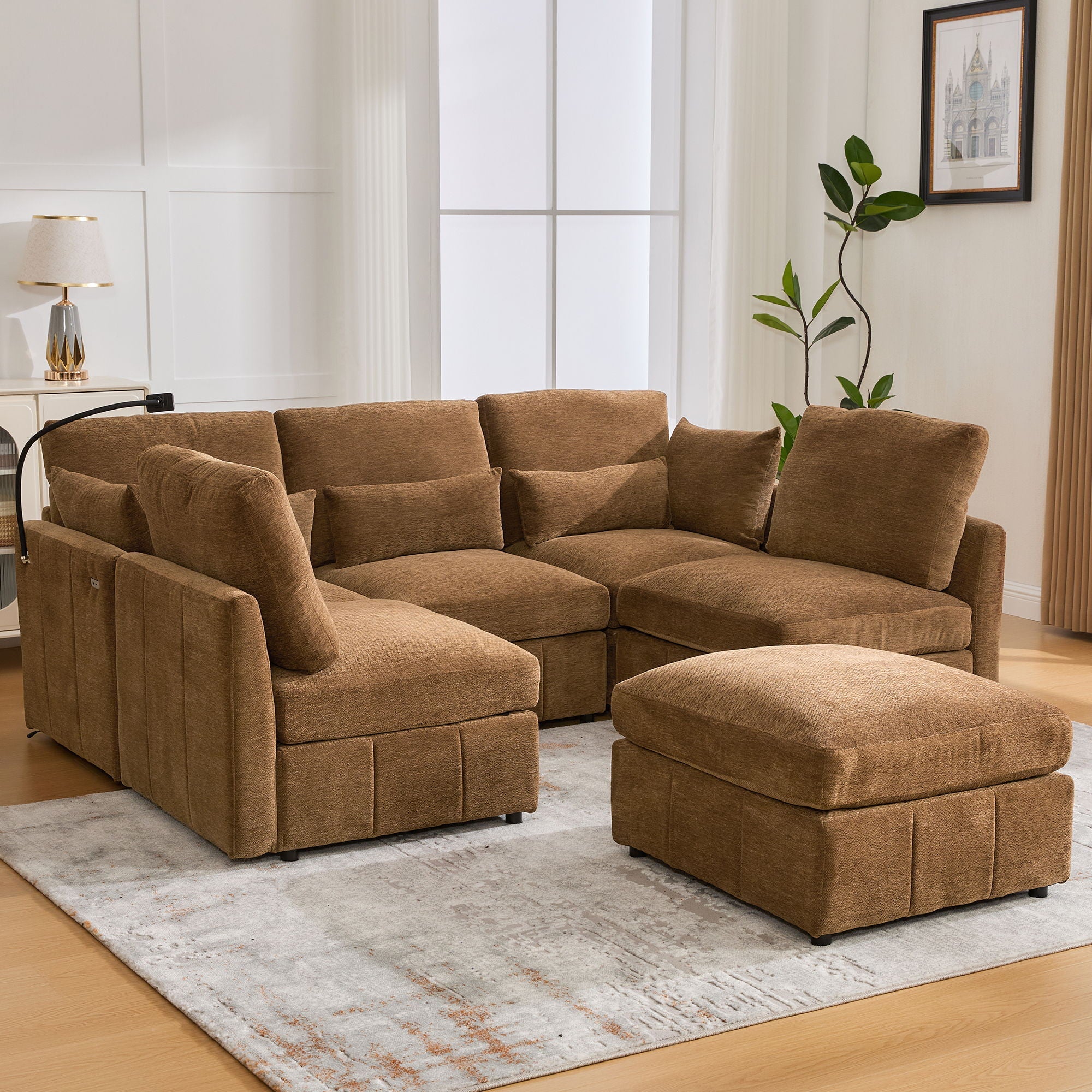 Modern Modular U-Shaped Sofa Bed With Movable Ottoman, USB Ports, Phone Holder