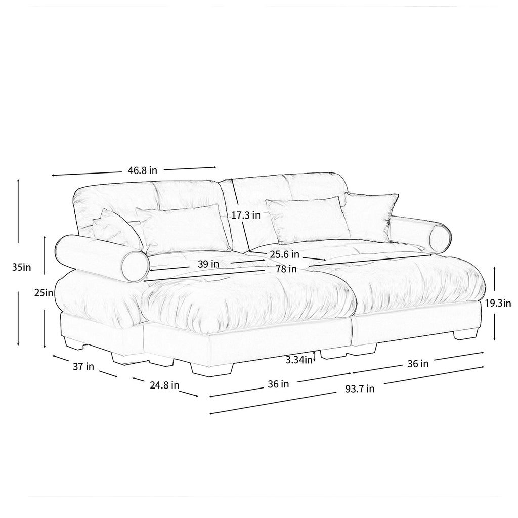 Modern Sectional Sofa With Ottoman, Round Bolster Armrests, Waist And Throw Pillows