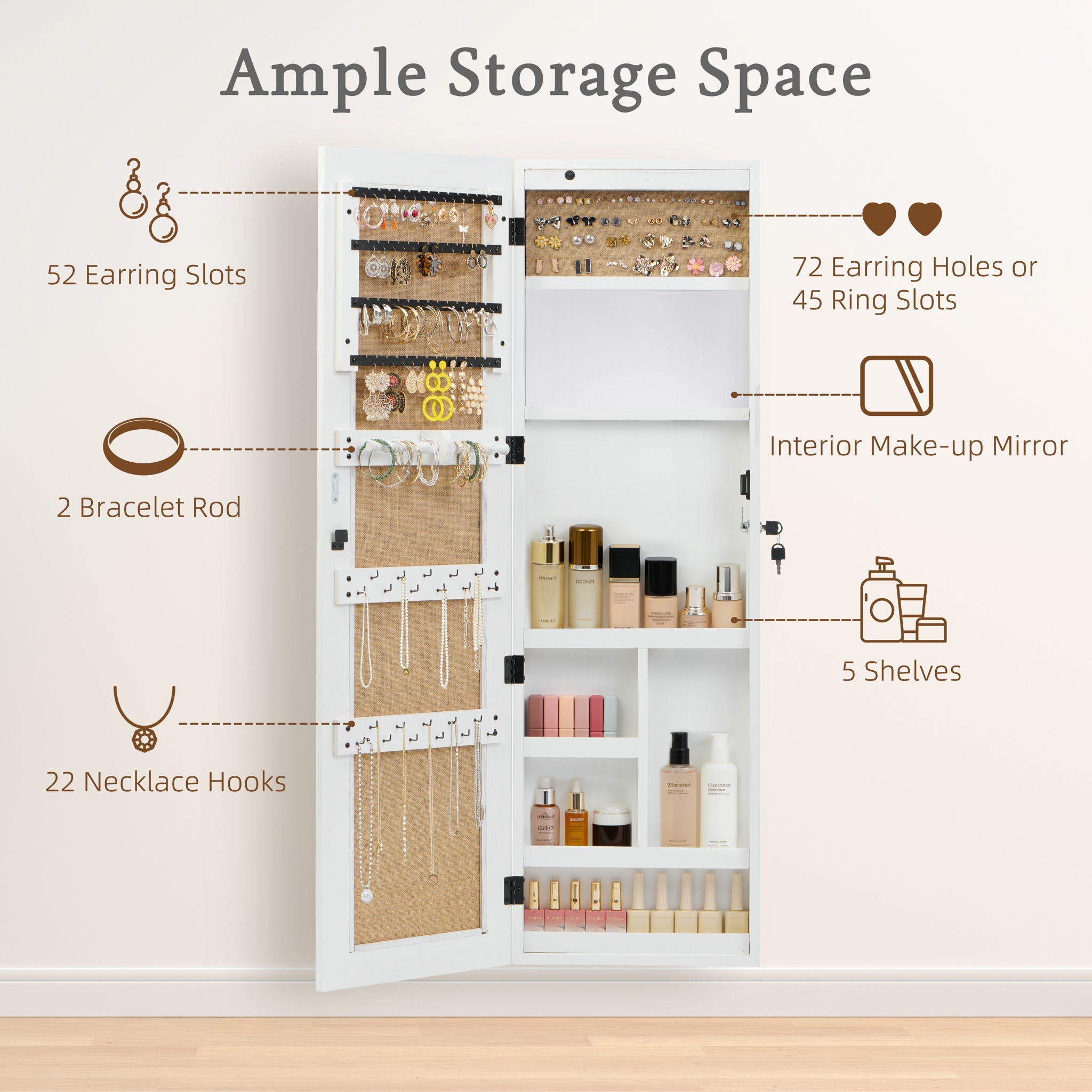 Jewelry Armoire Organizer With Full Length Mirror, Wall Mounted Lockable Cabinet With LED Light