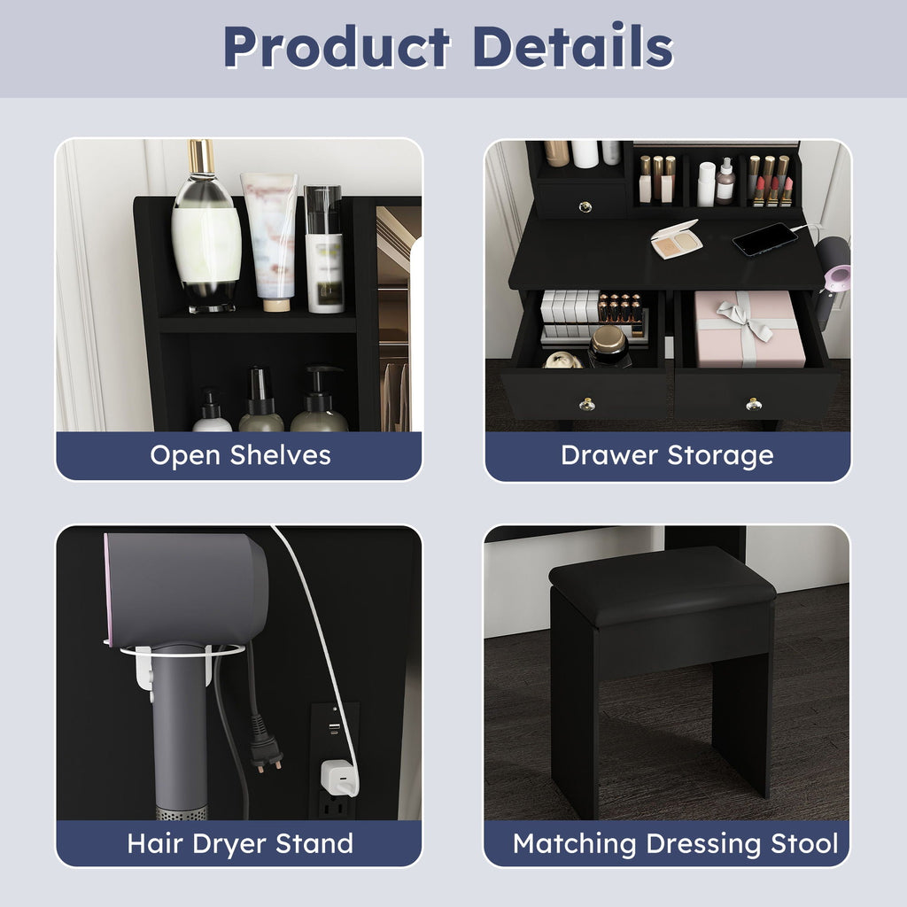 Modern Small Vanity Desk With 3 LED Lighting Modes, 3 Drawers