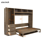 Full Size Murphy Bed With Wardrobe, Drawers, And Open Shelves - Wood