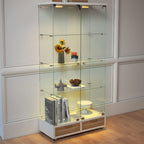 Glass Display Cabinet With LED Lights, Tempered Glass Doors, Large Drawers, 2 Door Storage Case With 4 Shelves - Natural / White
