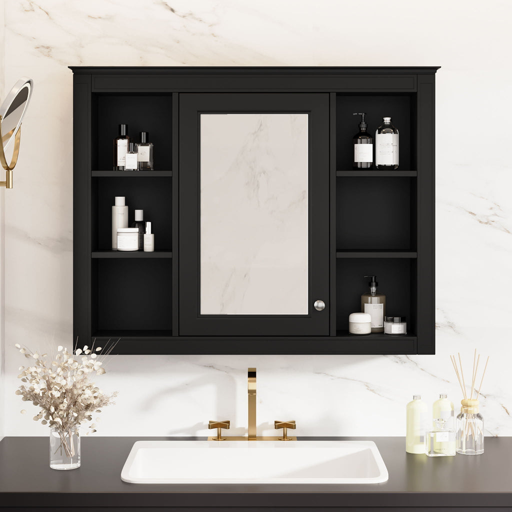 Wall Mounted Medicine Cabinet With Mirror, Storage Cabinet Featuring 6 Open Shelves And Adjustable Interior