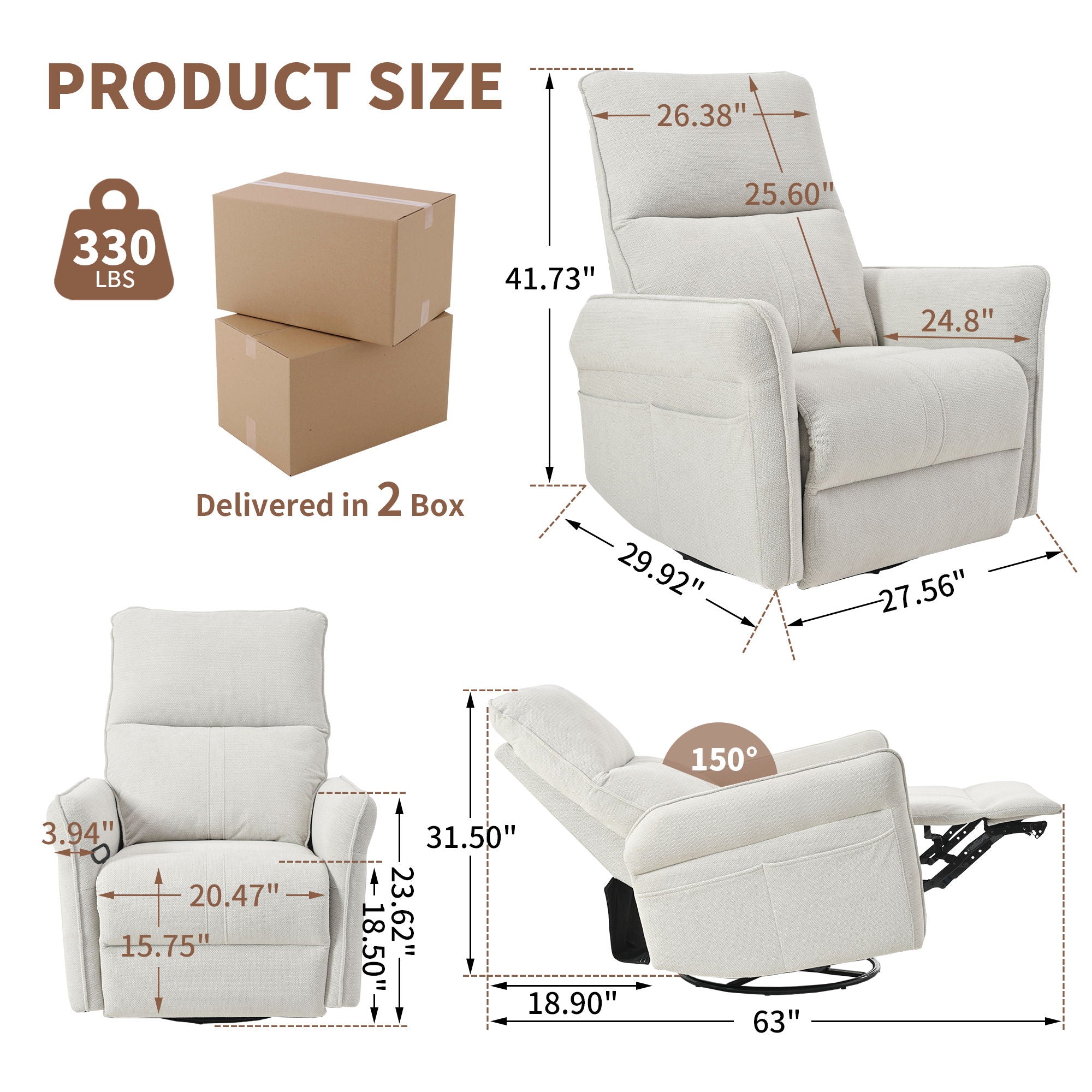 270° Power Swivel Rocker Glider Recliner Chair With USB Ports