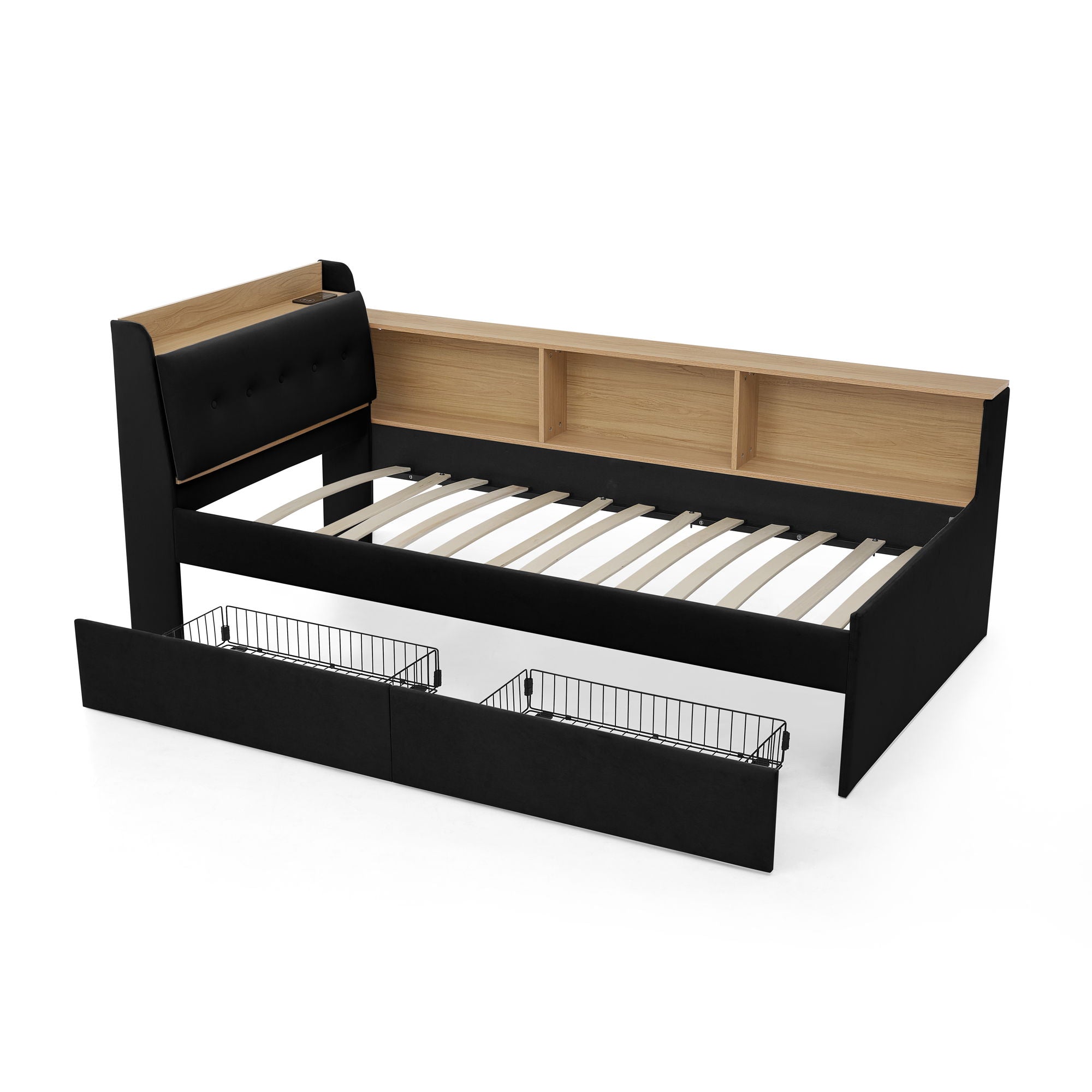 Upholstered Daybed With Storage Headboard, Wireless Charging, LED Lights