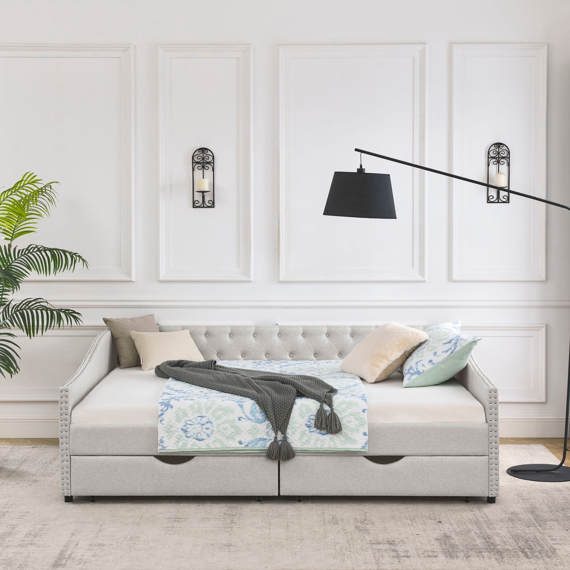Upholstered Tufted Daybed With Drawers, Waved Arms