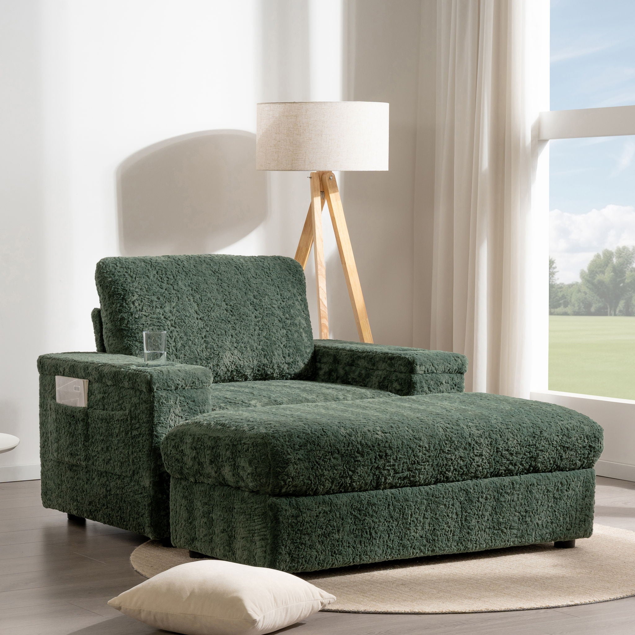 Oversized Chaise Lounge Indoor Rabbit Fur Sofa Bed With Storage Ottoman And Armrests Cup Holders With Deep Seat