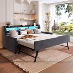 Twin Size Daybed With Trundle With LED Light ＆ Charging Station - Dark Gray