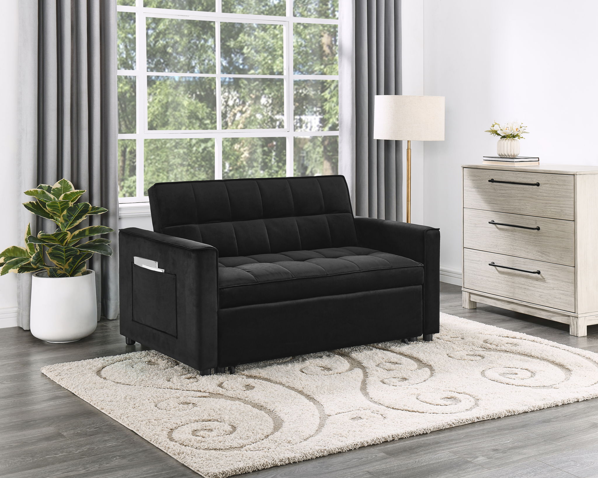 Maeve - Convertible Sleeper Loveseat With Tufting and Side Pocket - Black