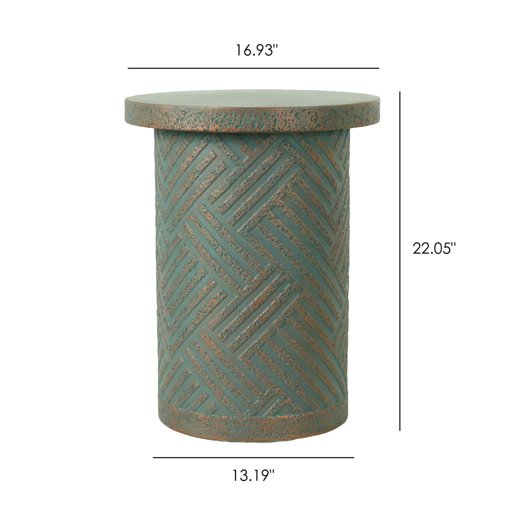 Round Outdoor End Table With Tree Stump Design For Patio - Golden / Green / Peacock