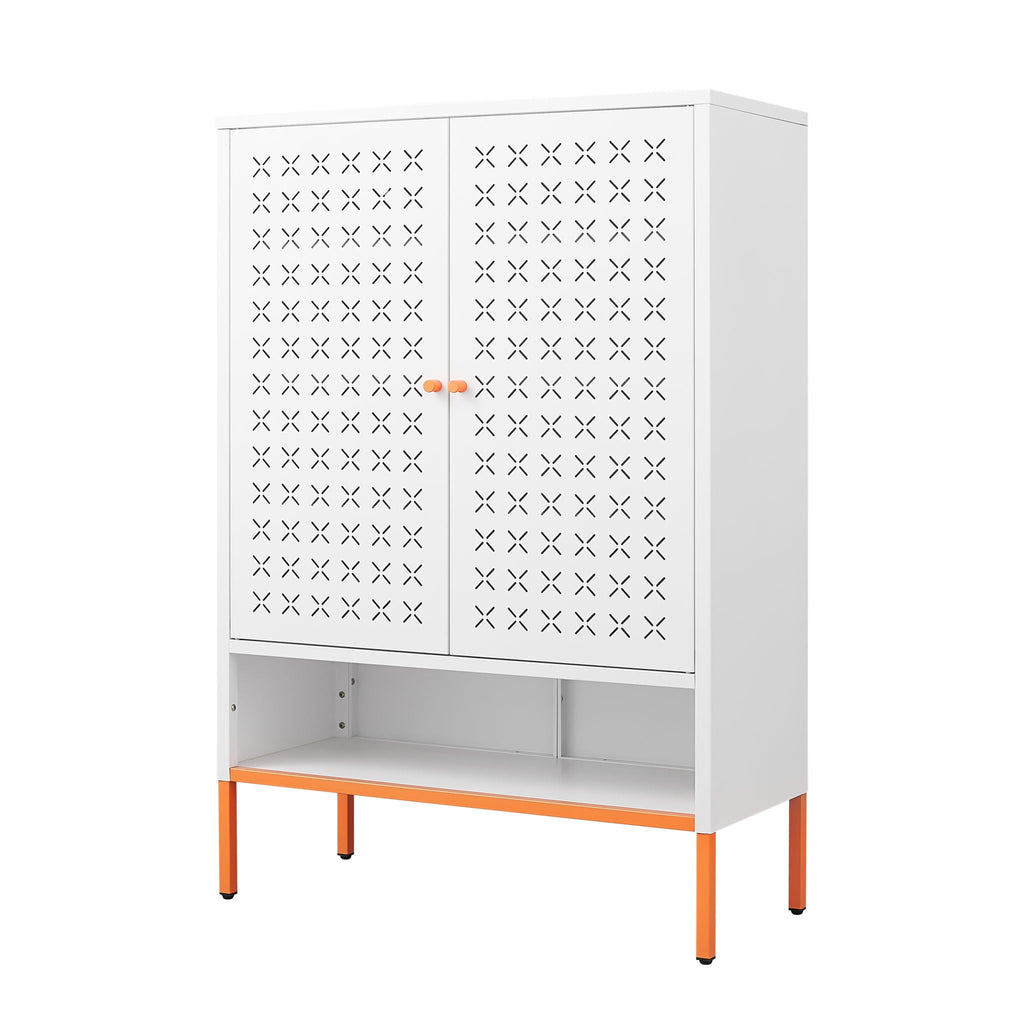 Grid Double Door Shoe Cabinet With Adjustable Compartments And Moisture-Proof Design In Metal