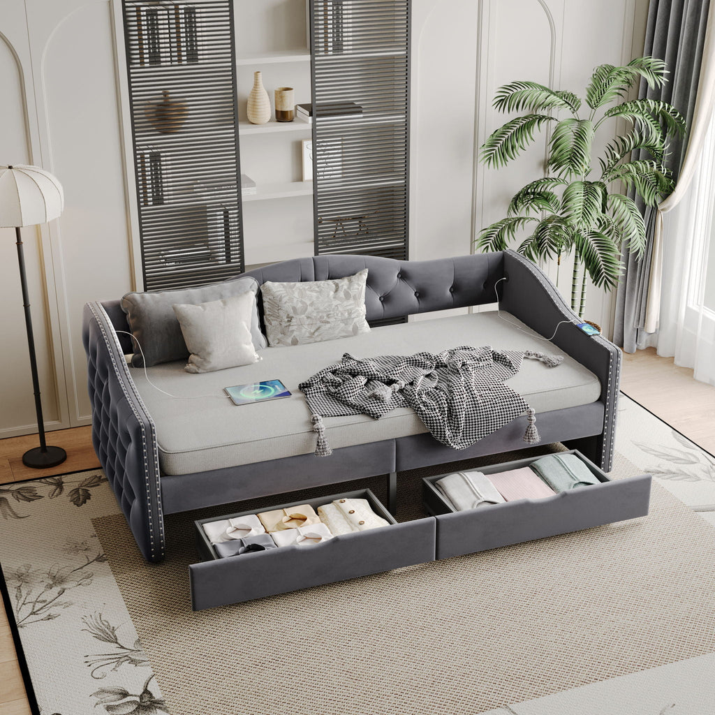 Full Size Bed Frame, Upholstered Cloud Bed Frame With Headboard, 2 Storage Drawers And 2 USB Charging Design, No Box Spring Needed - Gray