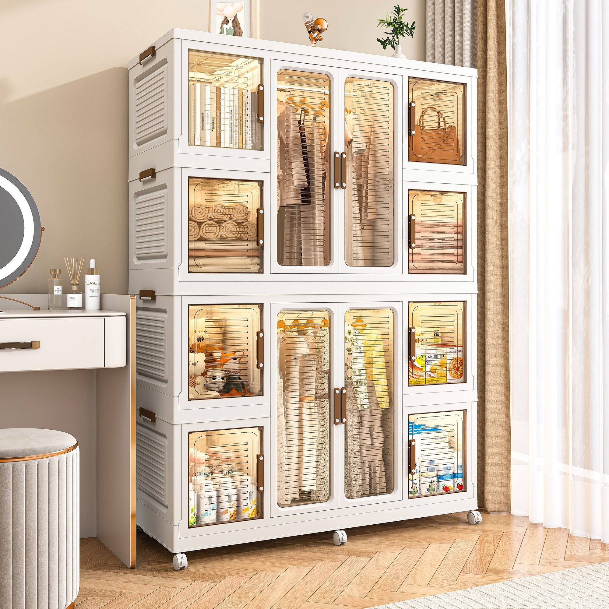 Portable Wardrobe Closet Storage Organizer For Clothes With Magnetic Doors, 12 Cubes & 2 Hanging Rods - White