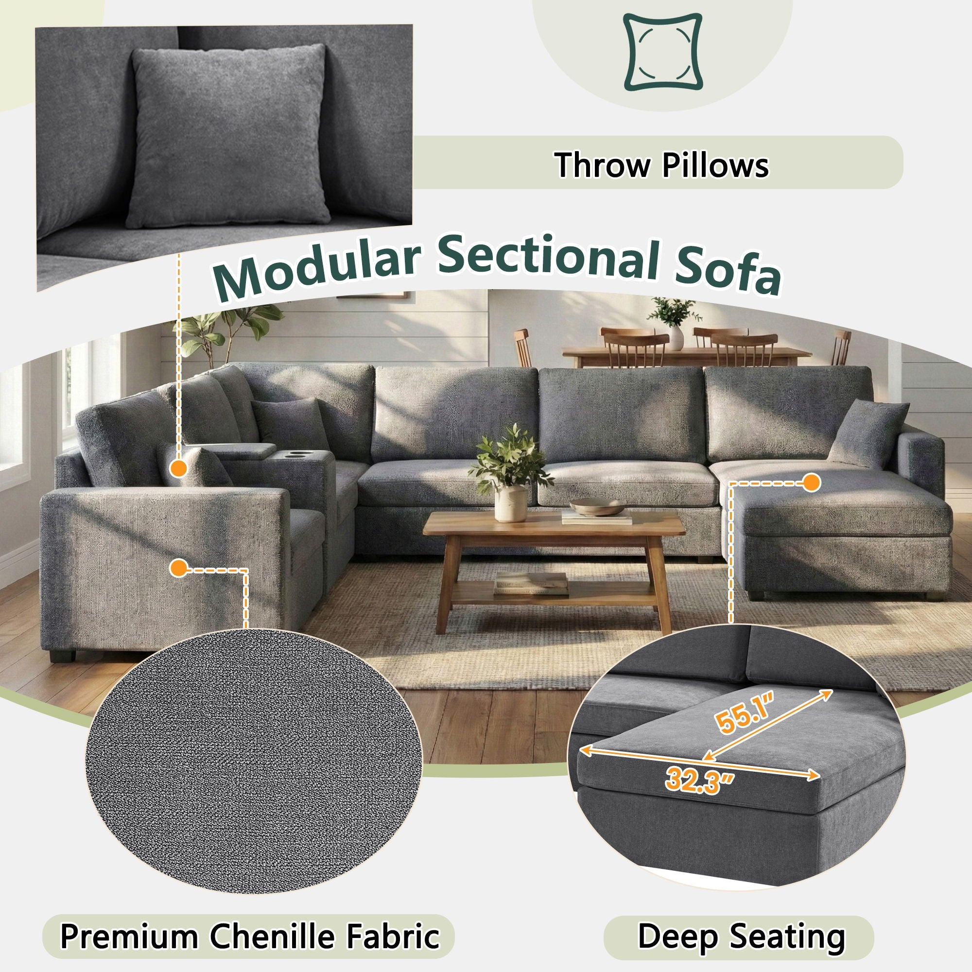 Modular 5 Seat U-Shape Sectional Sofa With Chaise Lounge, Built In Cup Holders And Storage Drawer