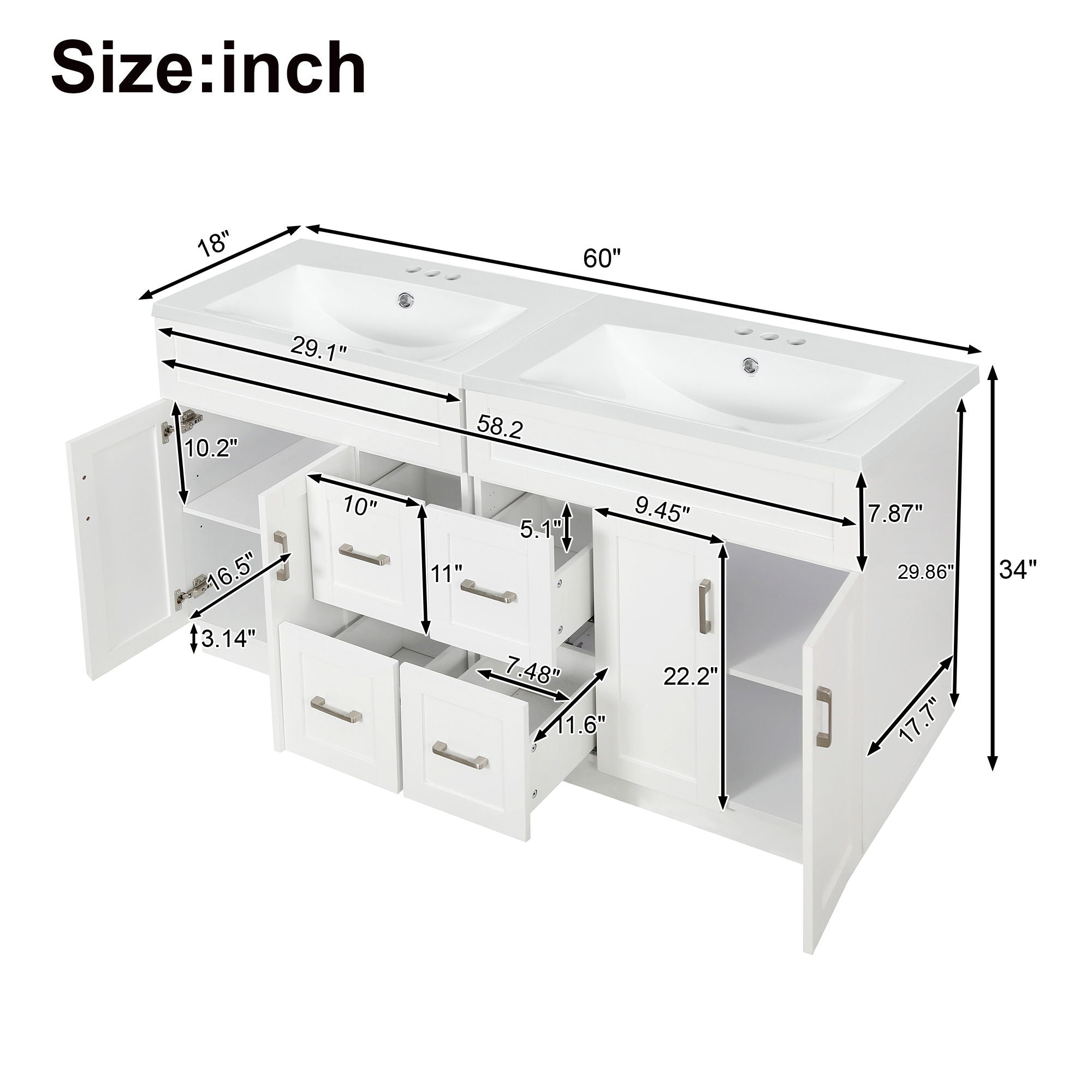 Bathroom Vanity With 2 Doors, 2 Drawers, Adjustable Shelf, Hidden Slides & Soft Close Hinges