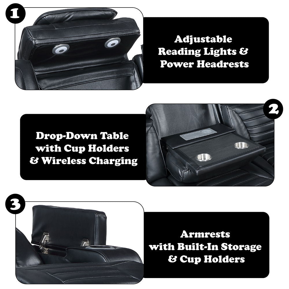 Ephron - Power Motion Sofa With Dropdown Table, Wireless Charging, Reading Light, Power Headrests & LED - Black