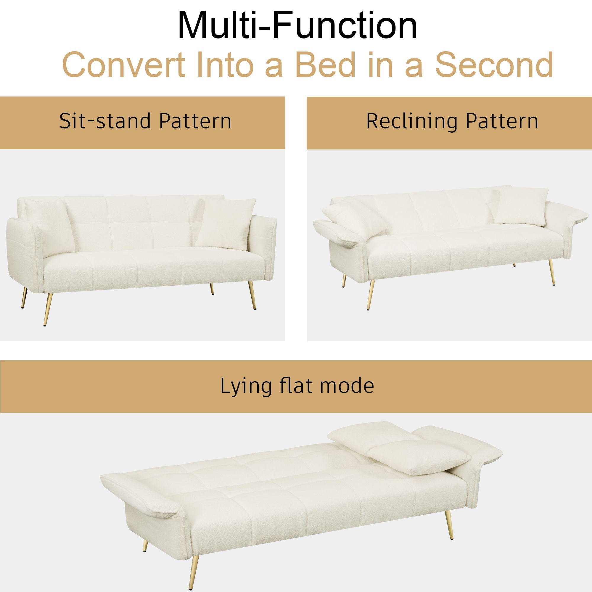 Convertible Double Futon Sofa Bed With Folding Armrests For Living Rooms