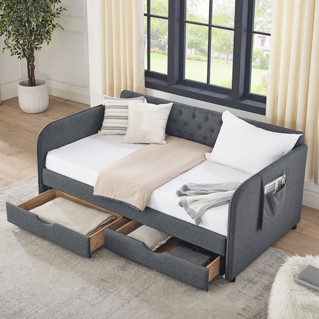 Daybed With Trundle And Storage Drawers, Flat Arms With Pocket