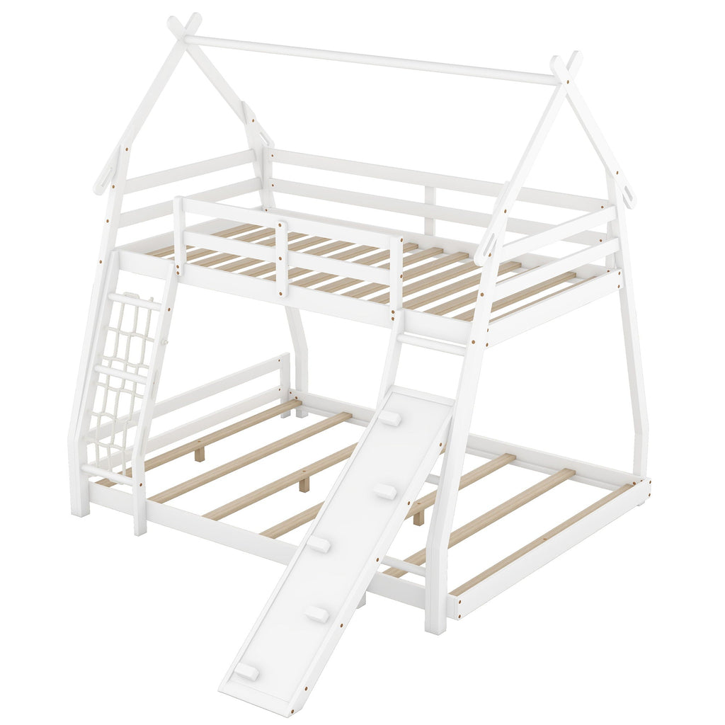 Georgiana - Twin Over Queen House Bunk Bed With Climbing Nets And Climbing Ramp