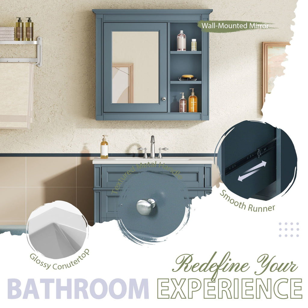 Bathroom Vanity With Medicine Cabinet, Royal Mirror Cabinet, Modern Bathroom Storage Cabinet With 2 Soft Closing Doors And 4 Drawers
