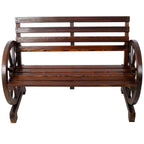Rustic Country 2 Person Wooden Wagon Wheel Bench With Slatted Seat And Backrest - Brown