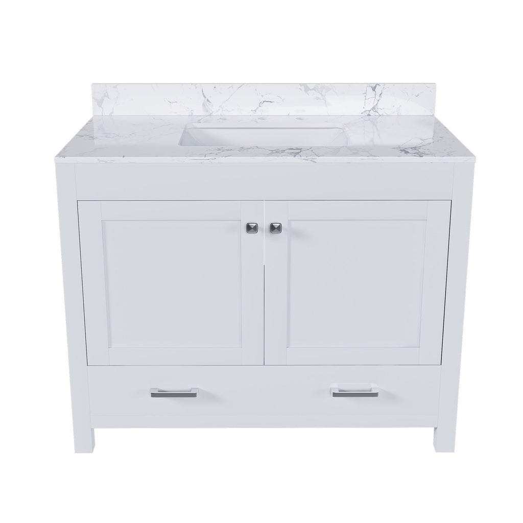 43" Bathroom Vanity With Artificial Marble Carrara Top Set, Multi Functional Bathroom Cabinet With Doors And Drawer - White