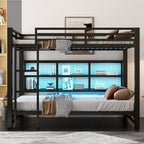 Queen Over Queen Bunk Bed With Storage Cabinets And LED Sturdy Frame, 6 Storage Units, Adjustable LED Lights - Black