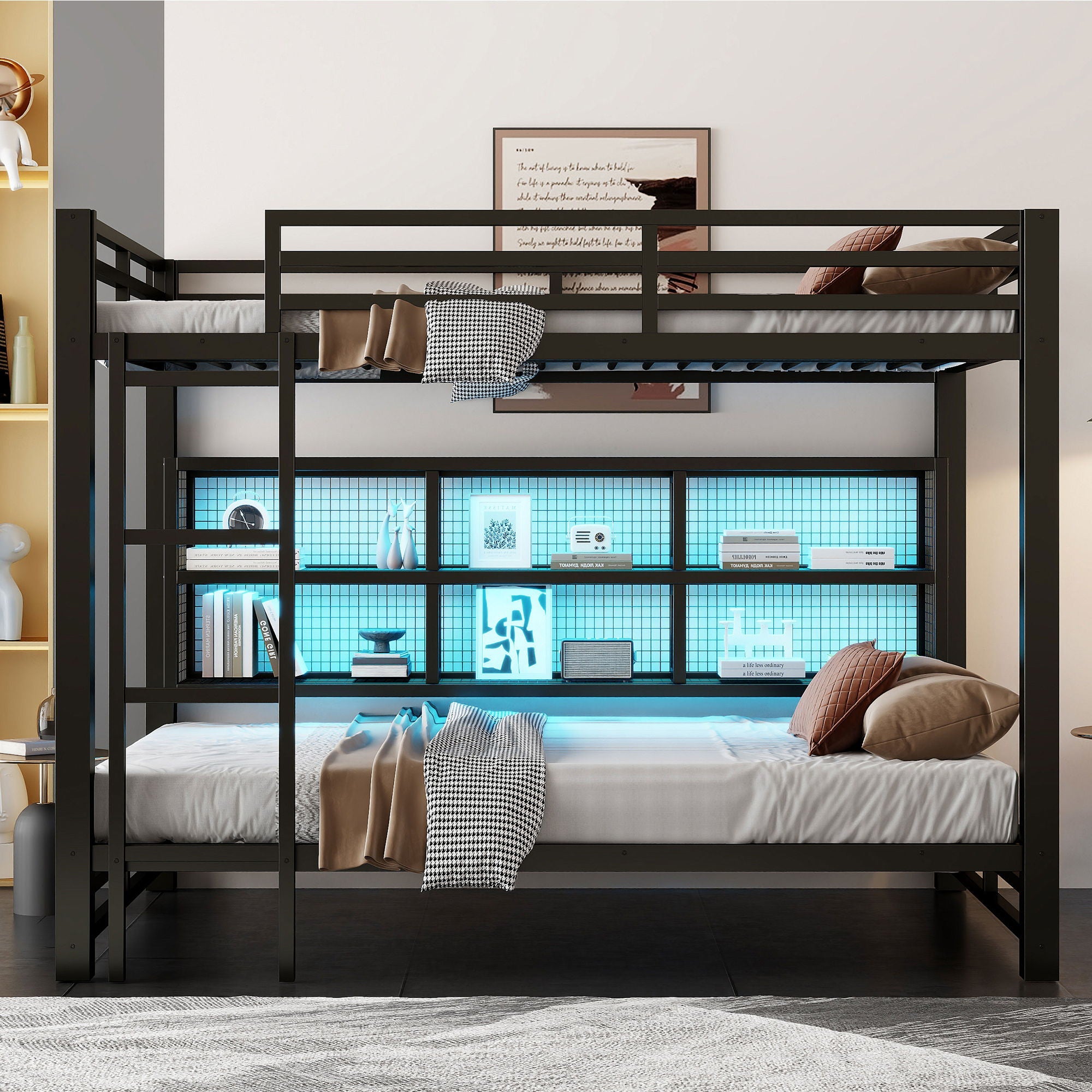 Queen Over Queen Bunk Bed With Storage Cabinets And LED Sturdy Frame, 6 Storage Units, Adjustable LED Lights - Black