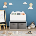 Bookshelf With Storage Bins, Bookcase With Book Display Shelf And 2 Bins, Cute Bear Shaped Backboard, Toy Organizer - White