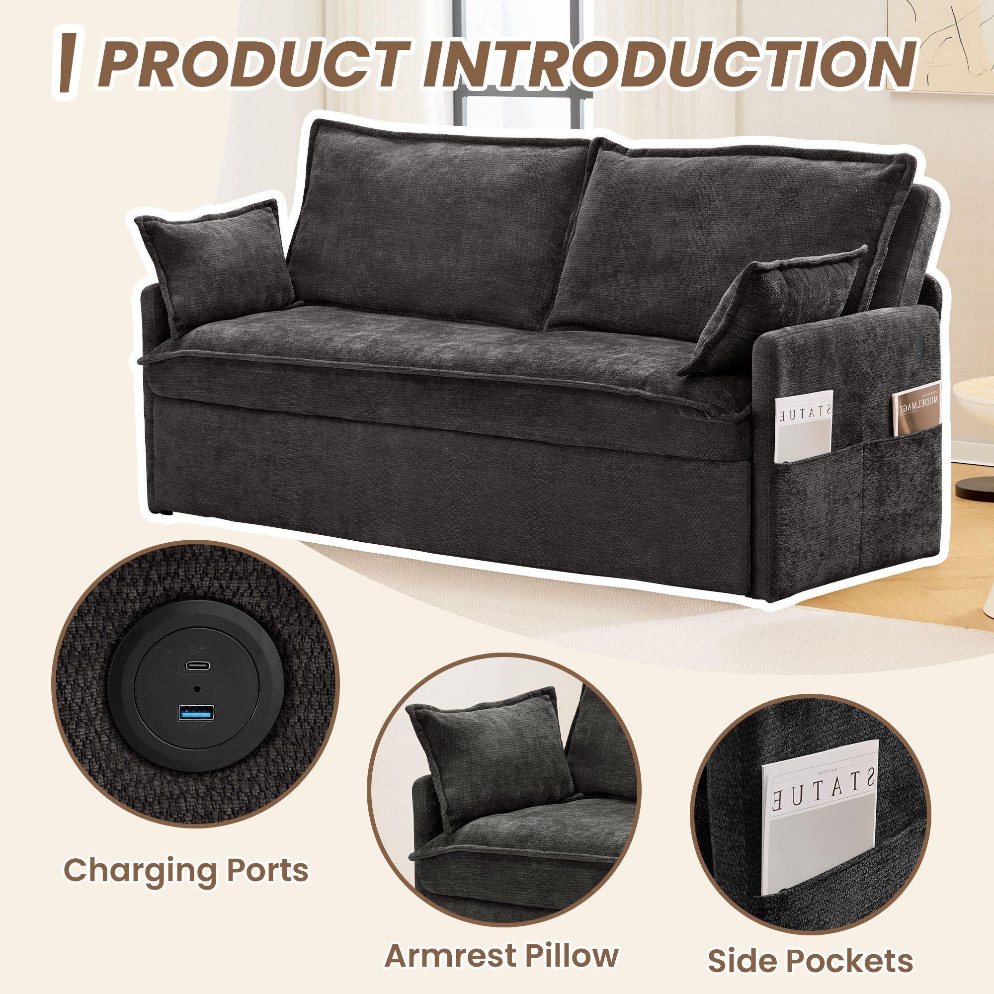 Pull Out Sofa Bed, Convertible Sleeper Sofa Couch, Side Storage, And USB / C - Type Charging Ports Chair