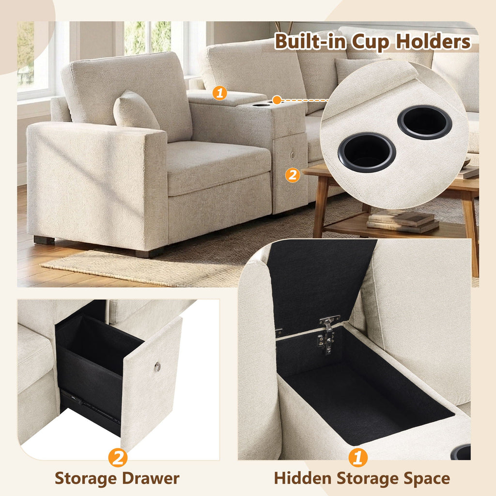Modular 5 Seat U-Shape Sectional Sofa With Chaise Lounge, Built In Cup Holders And Storage Drawer