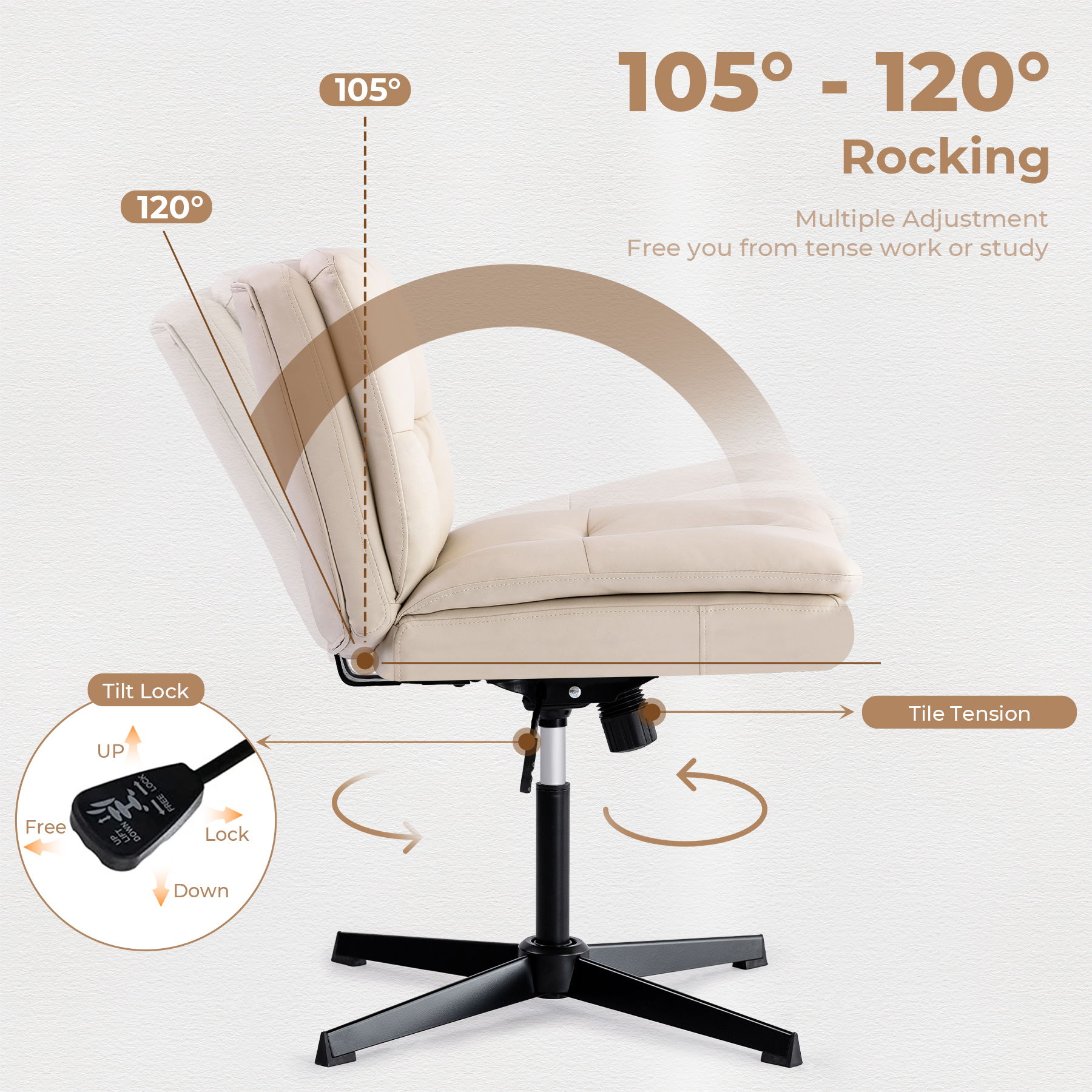 Large Size Armless Home Office Desk Chair Vanity Chair No Wheels - Beige