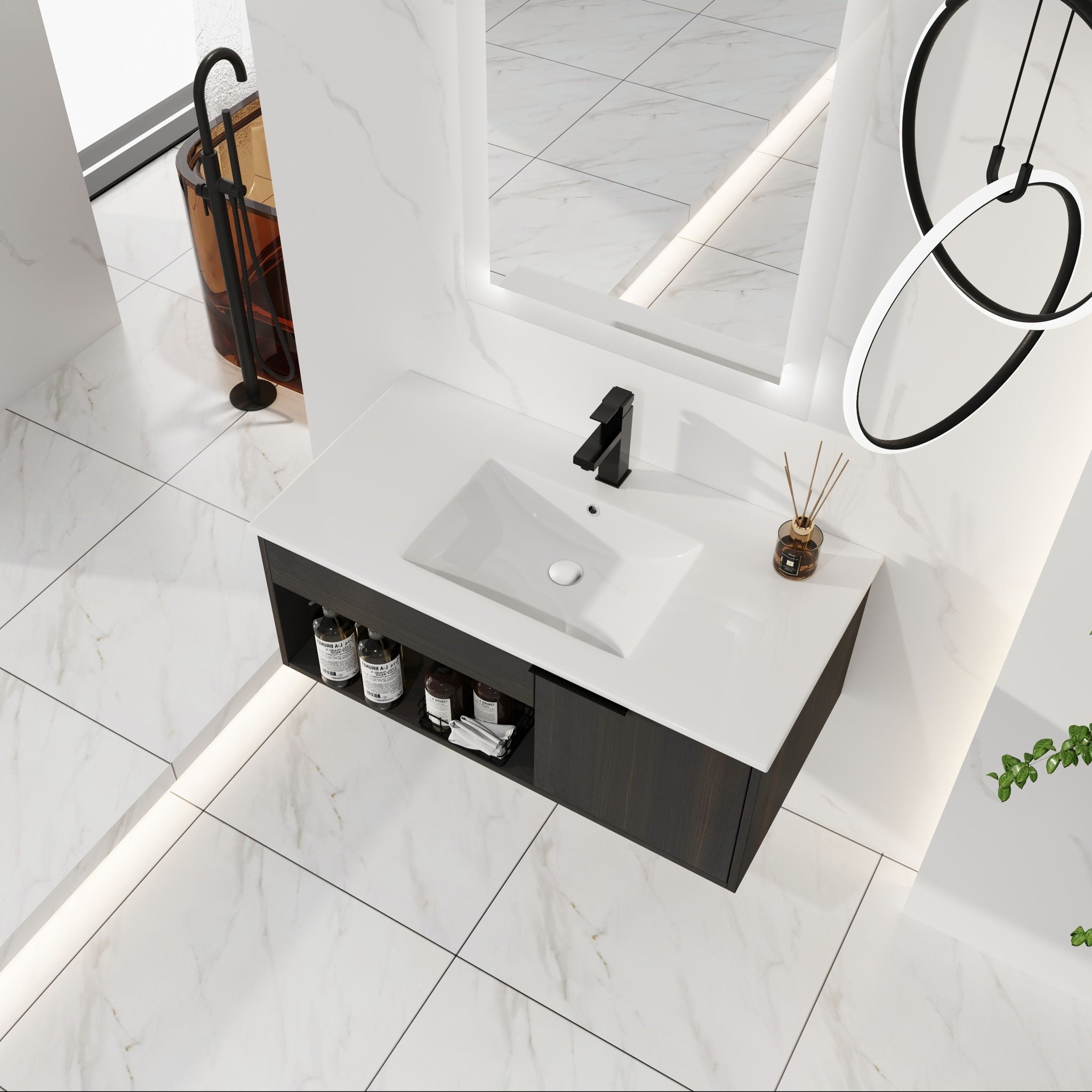 Wall Mounted Floating Bathroom Vanity With Open Shelf & Soft Close Door