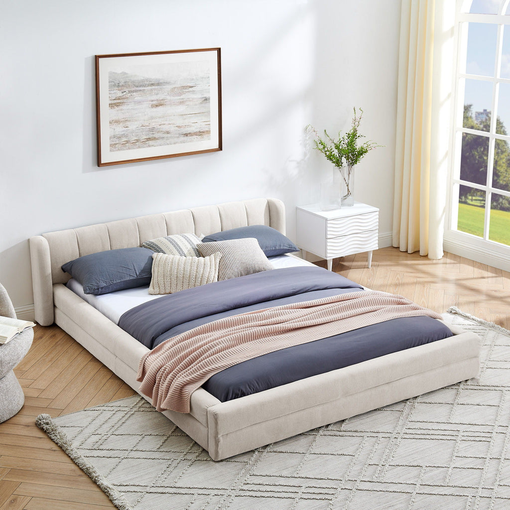 Modern Upholstered Bed Frame With Thick Fabric And Headboard