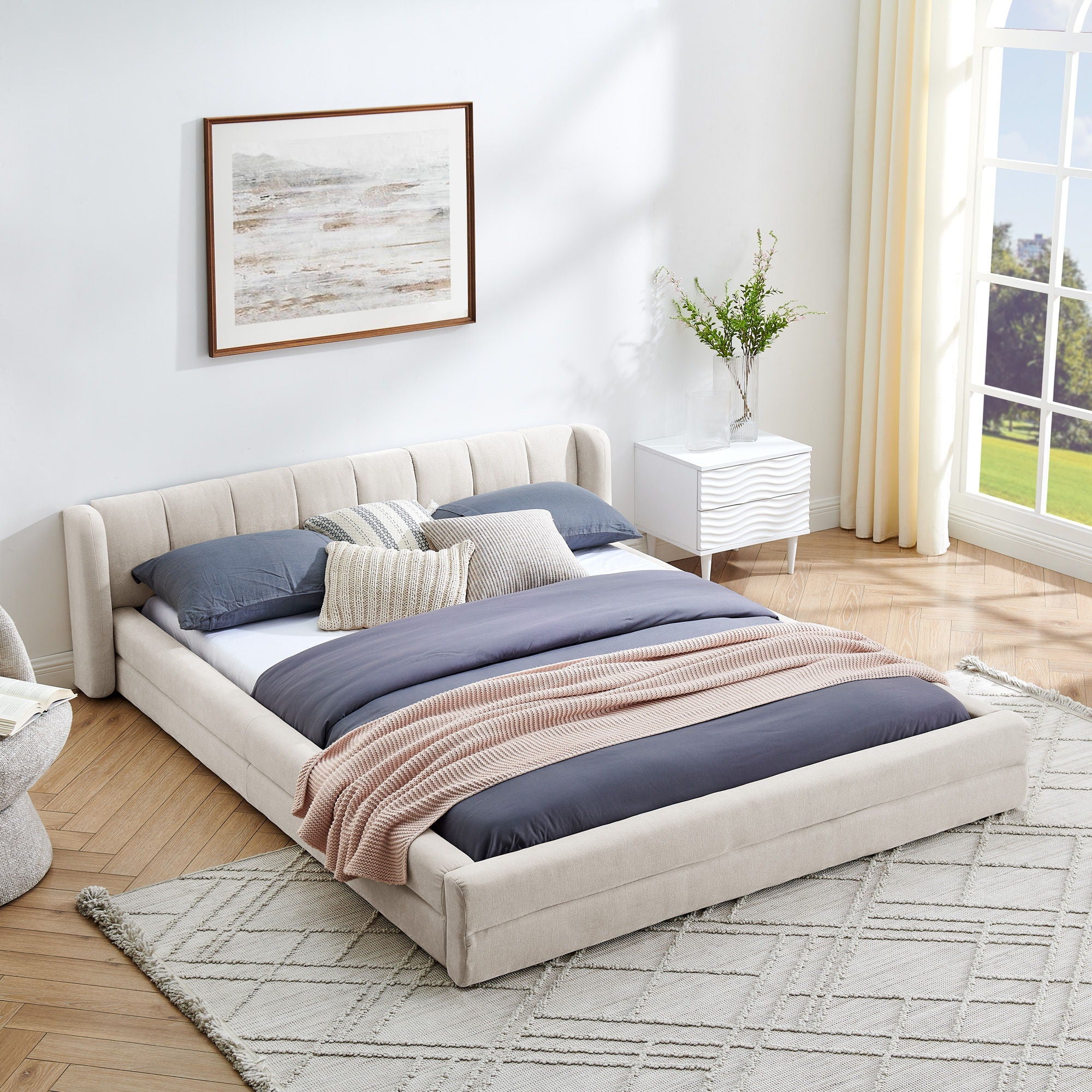 Modern Upholstered Bed Frame With Thick Fabric And Headboard