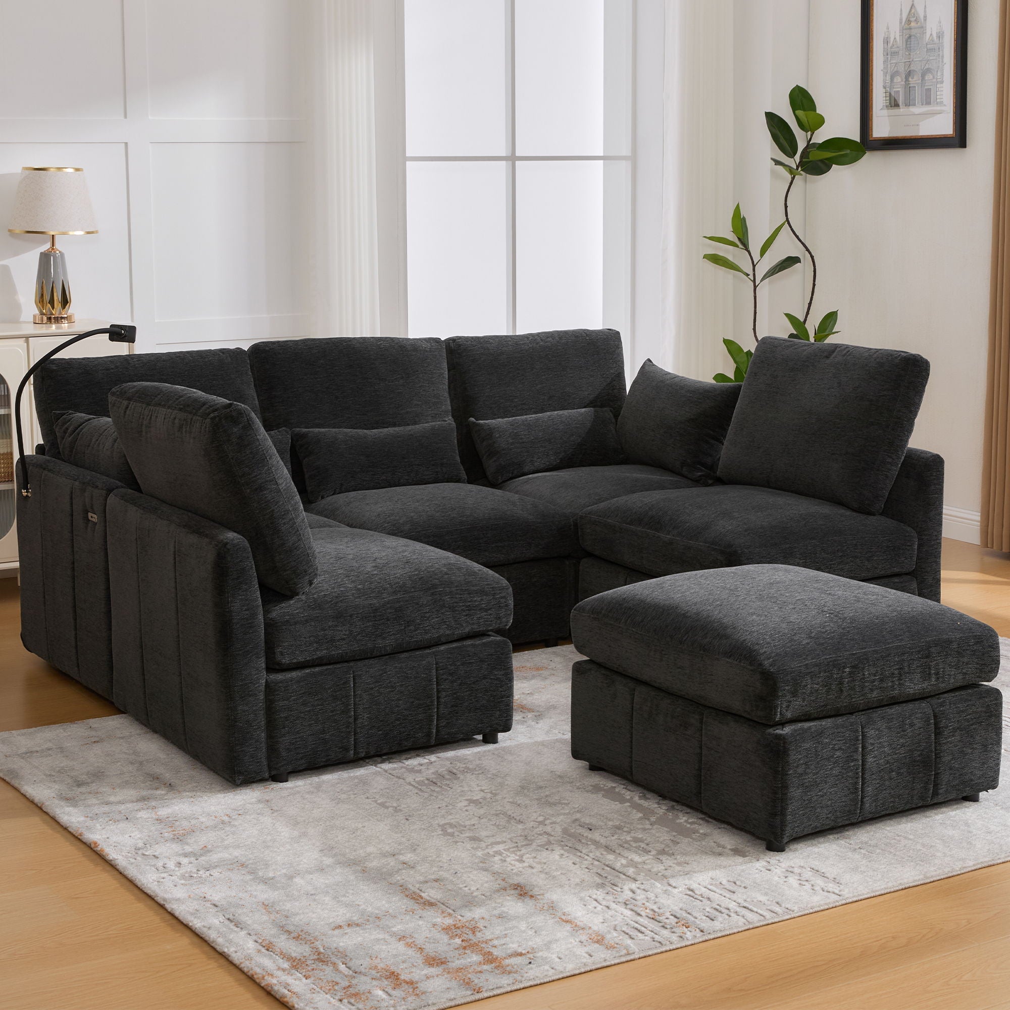 Modern Modular U-Shaped Sofa Bed With Movable Ottoman, USB Ports, Phone Holder