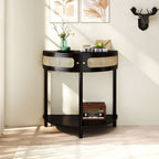 Boho Rattan Semi Circle End Table With Sliding Rattan Door, Storage And Bottom Shelf