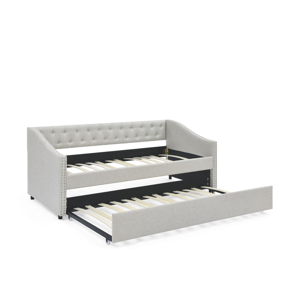 Upholstered Tufted Daybed With Drawers, Waved Arms