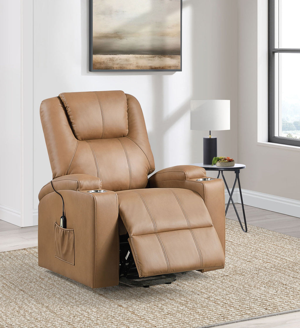 Armstrong Upholstered Power Lift Massage Recliner Camel