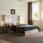 Shelton - Queen Upholstered Wingback Bed With 54" High Headboard - Ivory / Light Gray / Camel Oak
