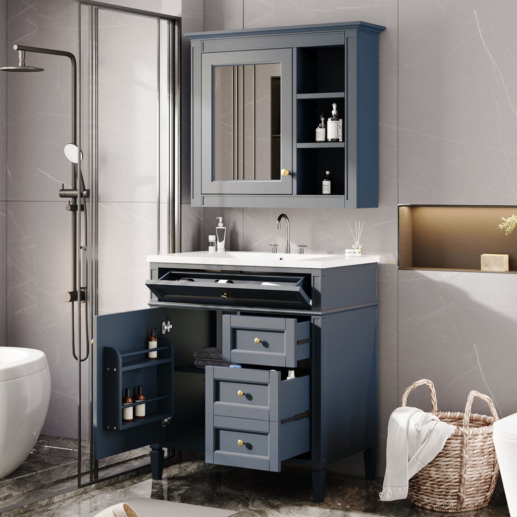 Bathroom Vanity With Top Sink, 2 Doors And 3 Drawers, Freestanding Set With Mirror Cabinet