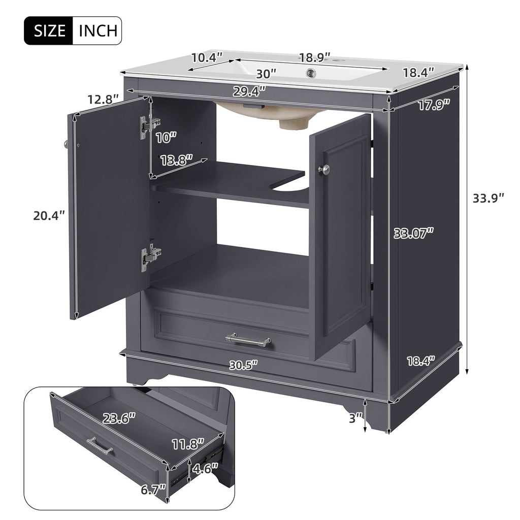 Bathroom Vanity With Sink, Cabinet & 2 Soft Closing Doors & Adjustable Shelf