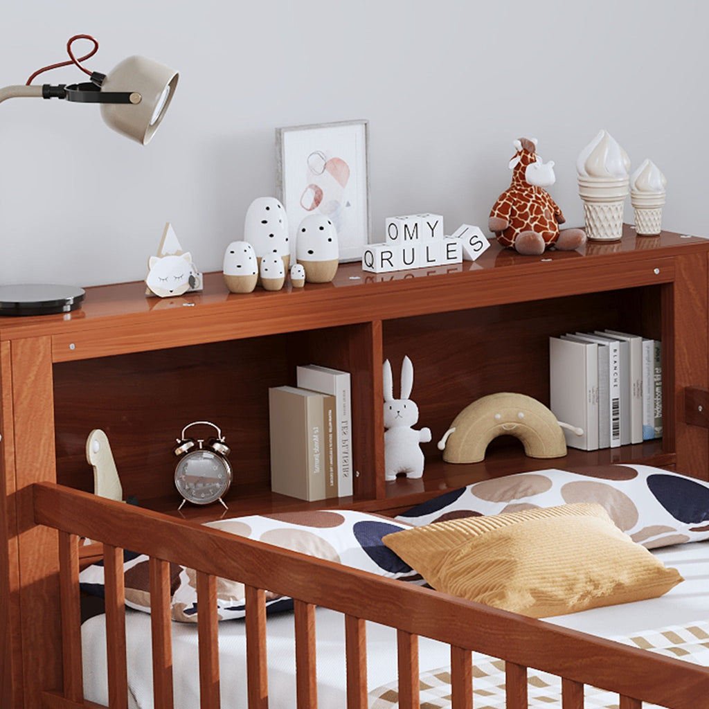 Bed With Headboard Storage Rack, 2 Under Bed Drawers, 3 Side Guardrails For Safety